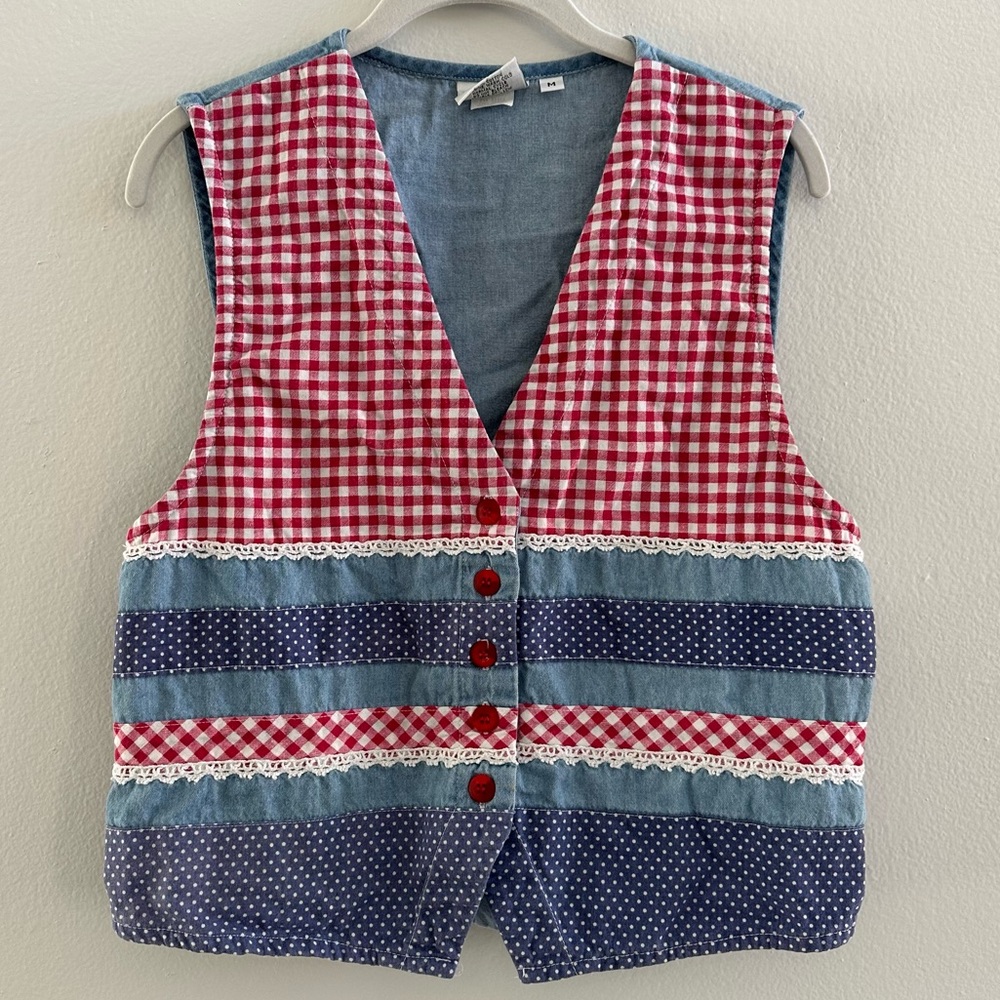 Americana Picnic Vest Denim Patchwork Gingham Polkadot Lace Medium Vintage
